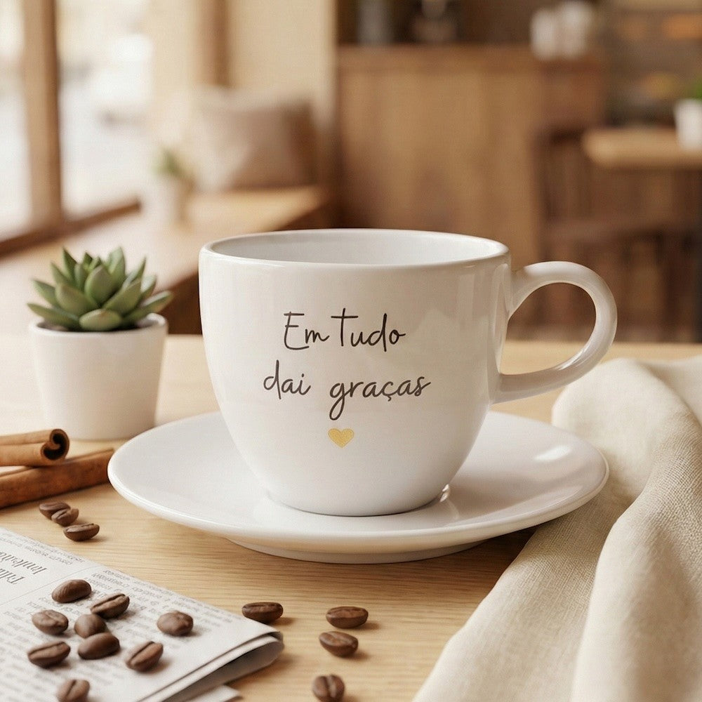 Xícara com Pires Em tudo dai graças Branco- 220 ml