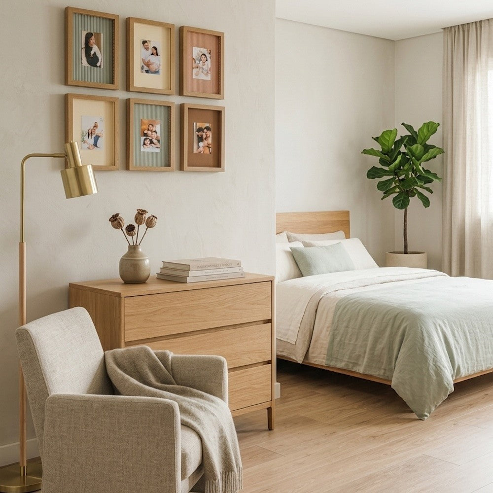 Quadro Personalizado Memórias: Sua Foto em Moldura Caixa com Fundo Listrado Verde e Vidro
