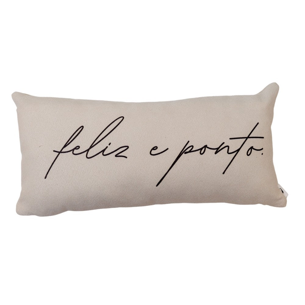 Almofada Baguete off-white com Frase Feliz e Ponto Enchimento 52 x 24 cm