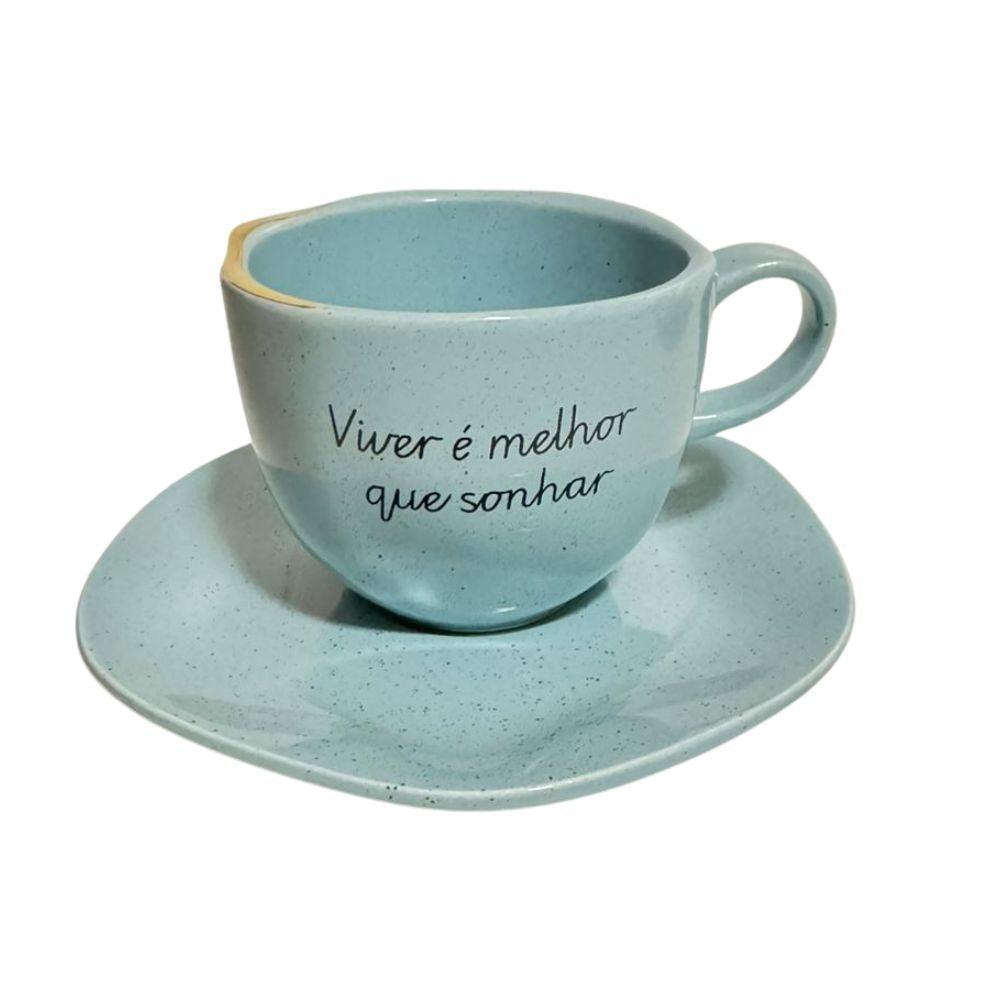 Xícara com Pires “Viver é melhor que sonhar” Azul com borda dourada — 220 ml