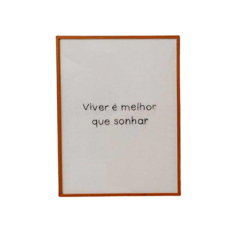 Quadro Decorativo Bordado à Mão Viver com Moldura de Madeira e Vidro - 30x40