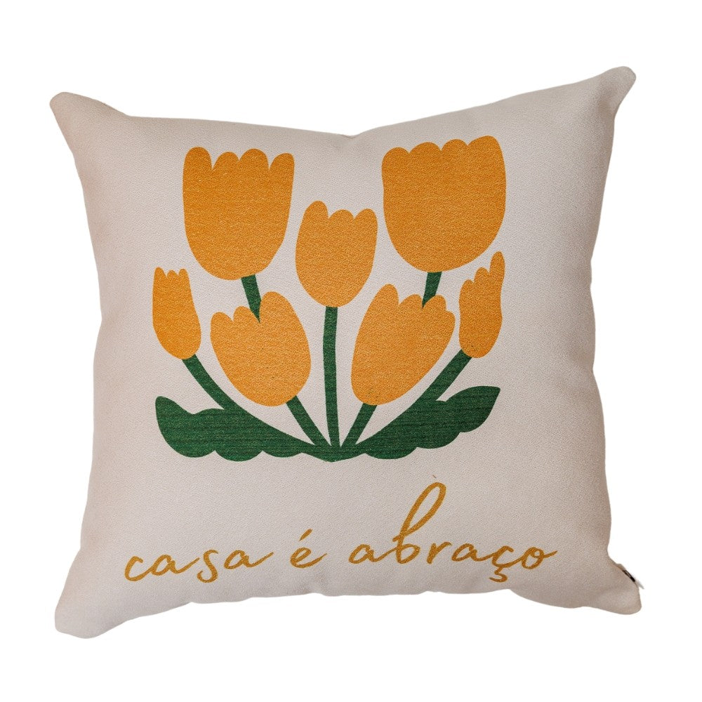 Almofada Decorativa com Flor Amarela e Frase Casa É Abraço 45 x 45 cm