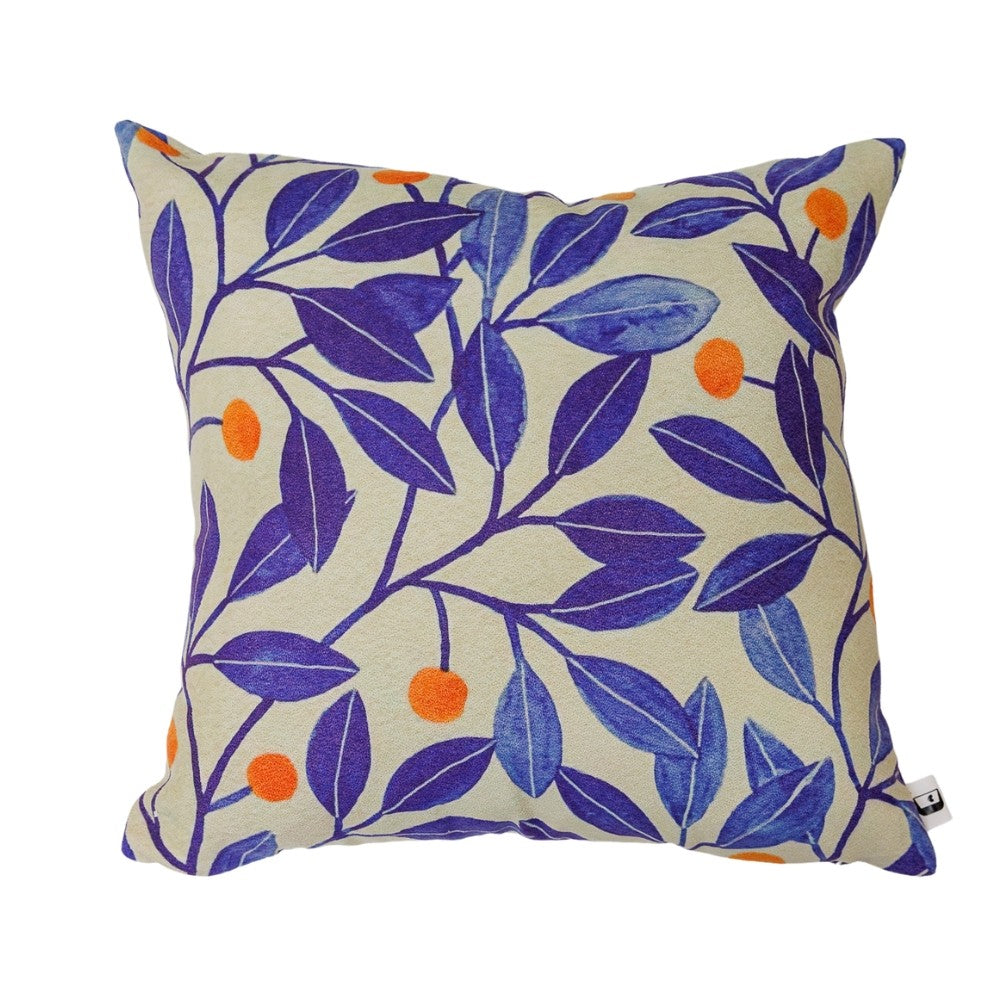 Almofada Folhas Azuis Detalhes em Laranja com Enchimento 45x45 cm