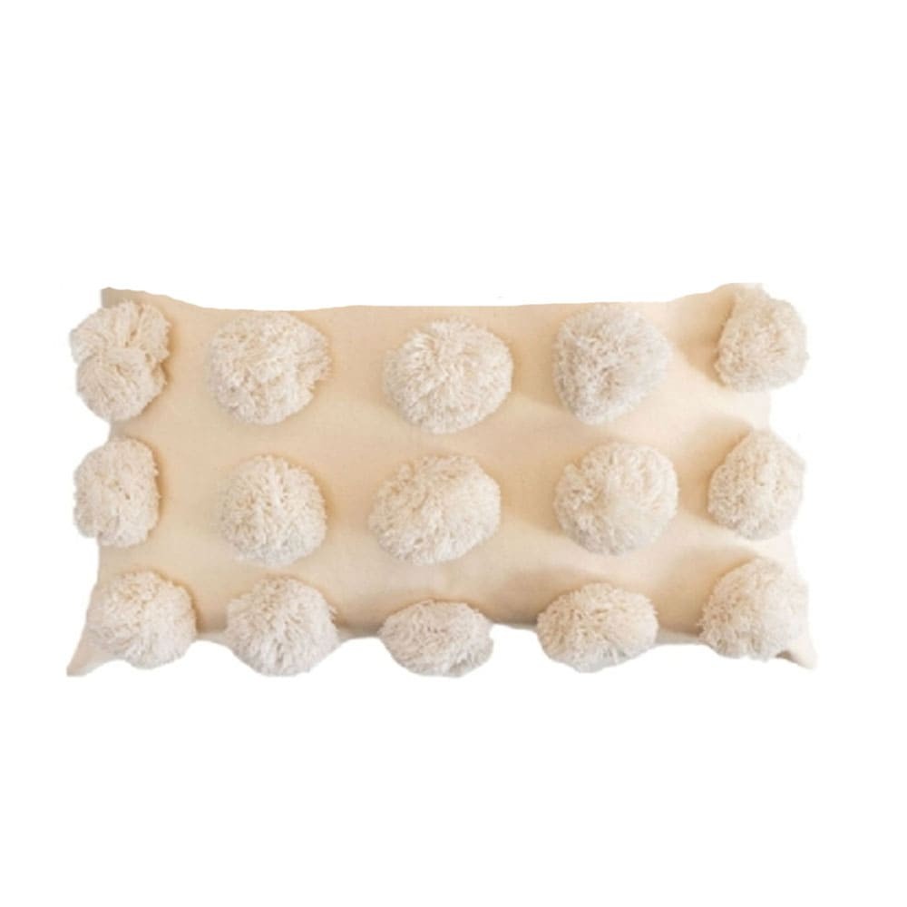 Almofada Baguete com Pompons Cor Crua Fechamento em Ziper 45 x 30 cm