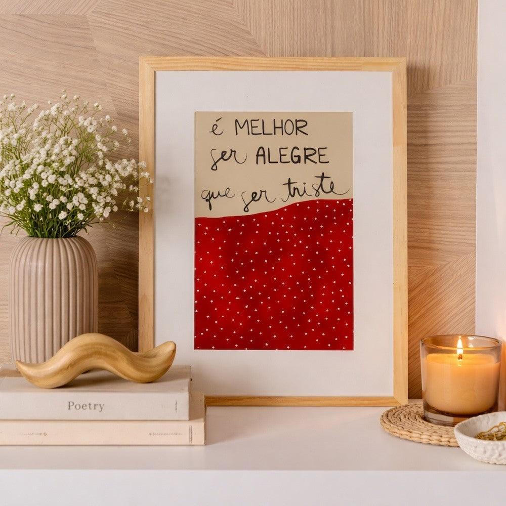 Quadro Decorativo Alegria 40x30 cm com Moldura em Madeira e Vidro