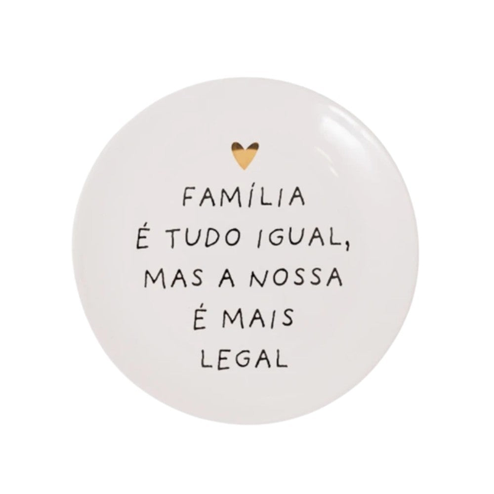 Prato Decorativo Família em Cerâmica com Coração Dourado - 21cm