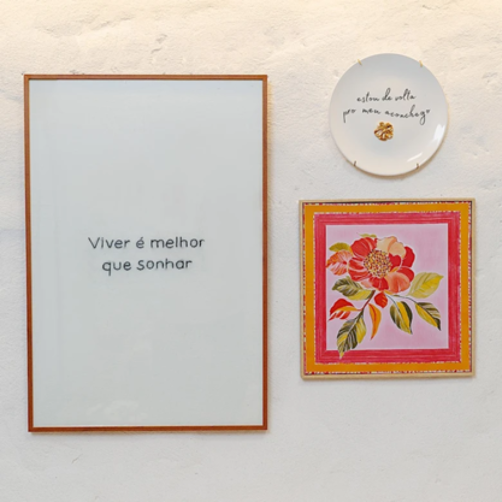 Quadro Decorativo Floral Rosa 30x30 cm com Moldura Filete Moderna