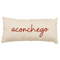Almofada Baguete Palavra Aconchego em Marrom  Fundo Off White 52 x 24 cm