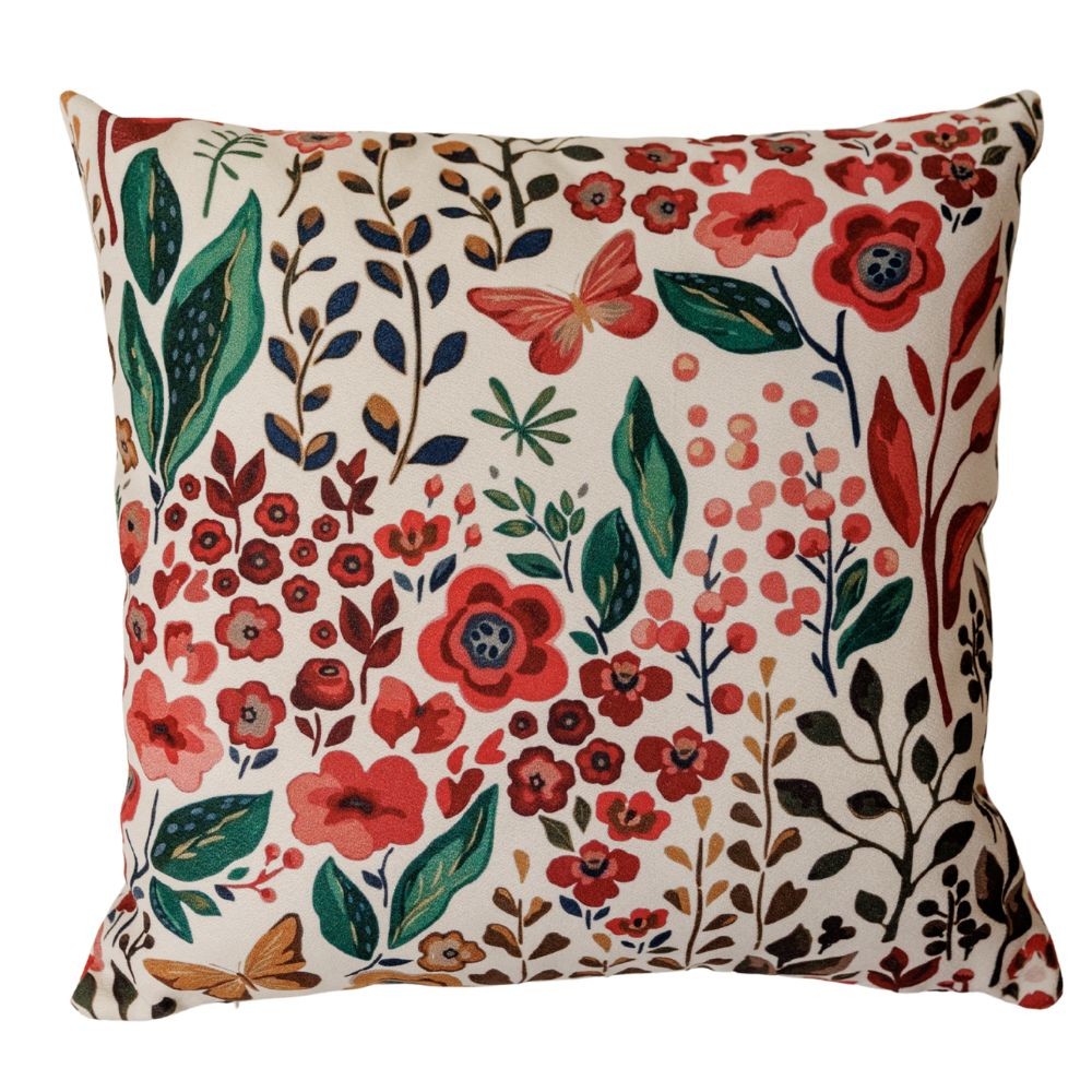 Almofada Floral Jardim Encantado Vermelha e Rosa 45x45cm com Enchimento