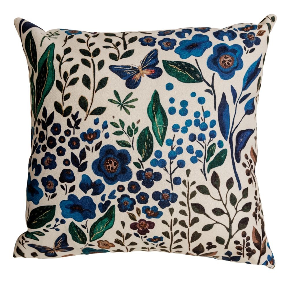 Almofada Floral Jardim Encantado Azul 45x45cm com Enchimento