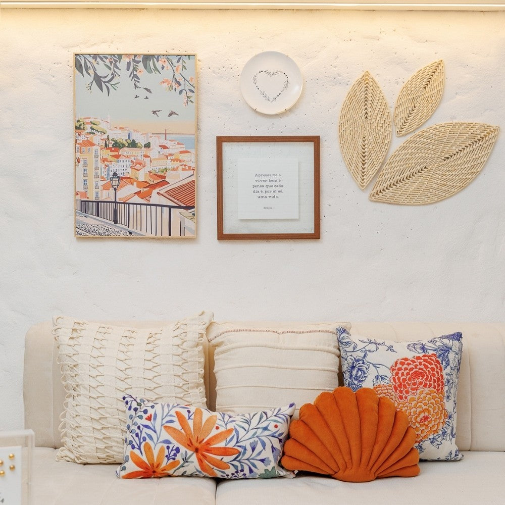 Almofada Baguete Éden Estampa Floral com Laranja e Azul 52 x 24 cm