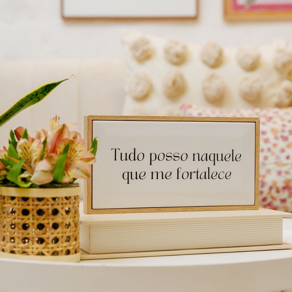 Quadro Azulejo Tudo Posso 20x10 cm em Madeira e Cerâmica Para Decorar Cantinhos com Fé