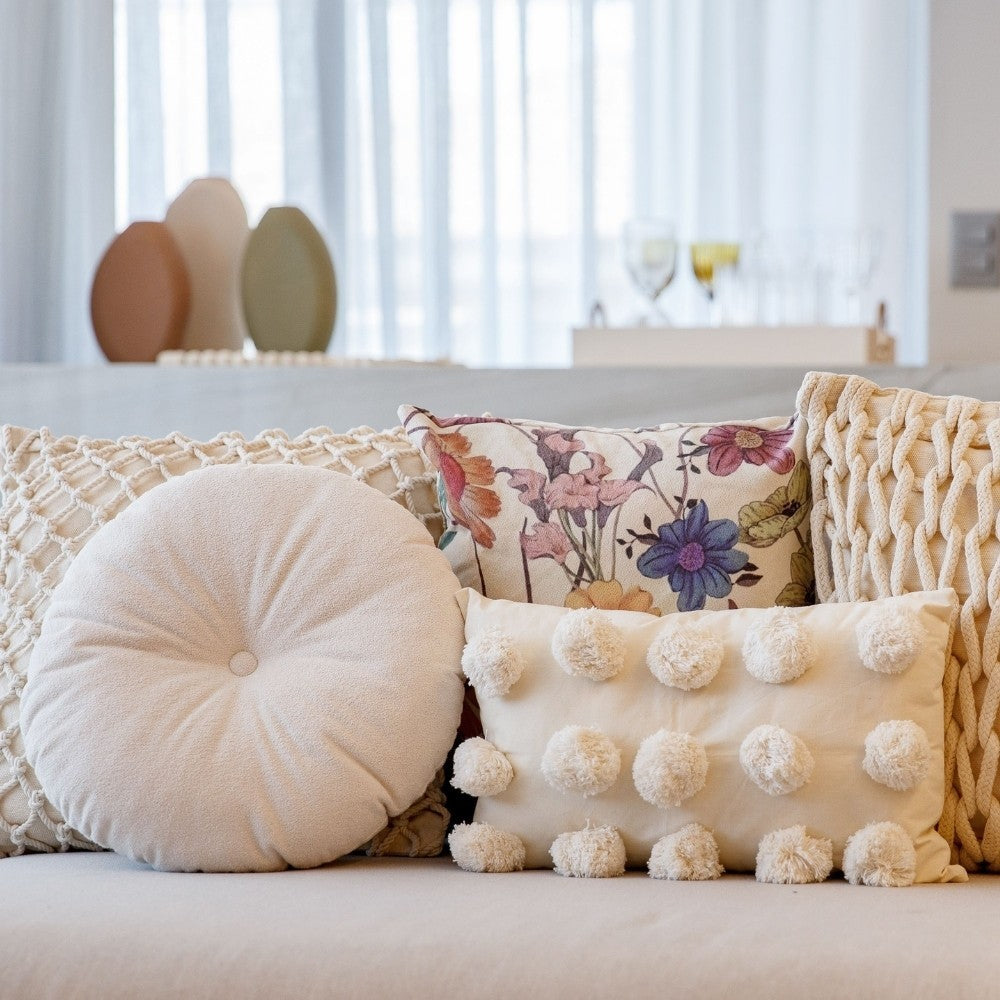 Almofada Decorativa Redonda Circle Creme Tecido Bouclé 42 cm