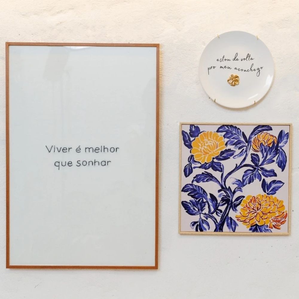 Quadro Decorativo Floral Azul 30x30 cm com Moldura Filete Tendência