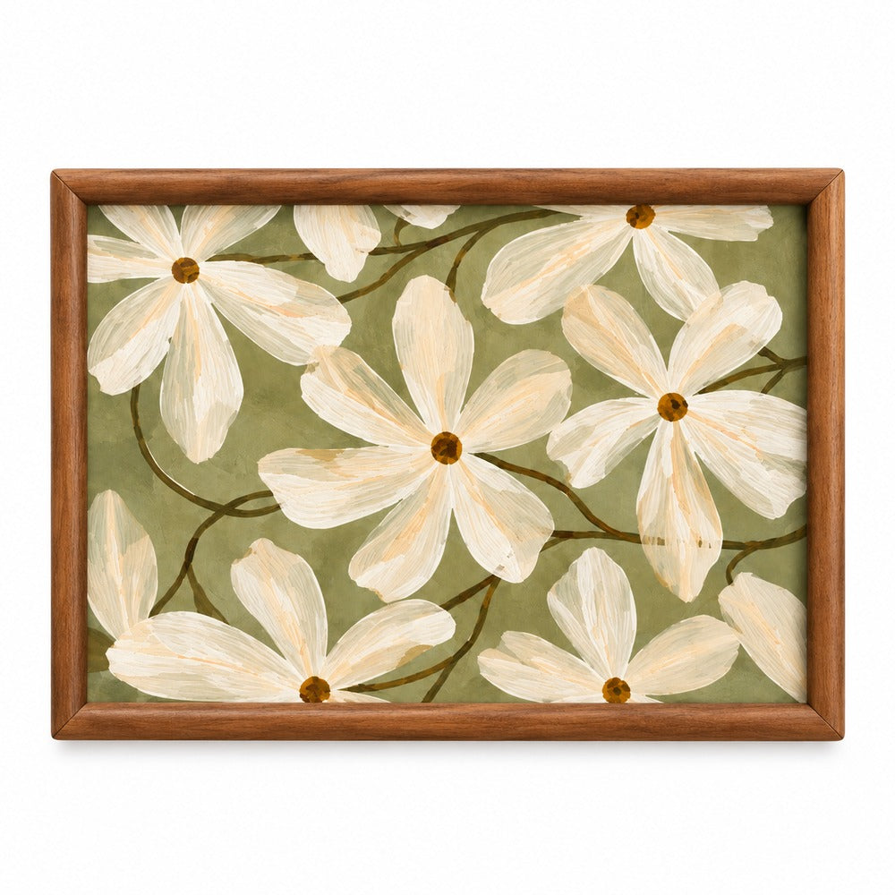 Quadro Floral Flores Brancas com Fundo Verde-Oliva e Moldura de Madeira