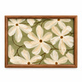 Quadro Floral Flores Brancas com Fundo Verde-Oliva e Moldura de Madeira