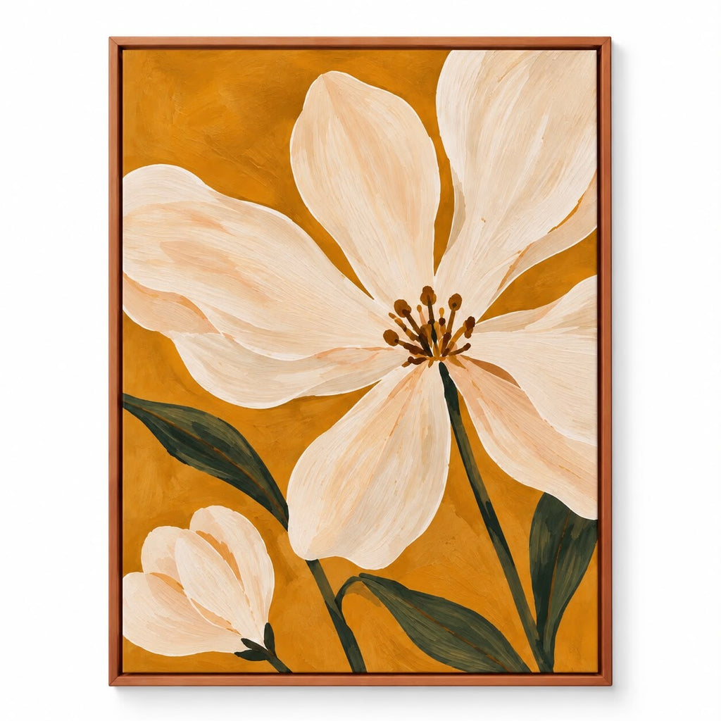 Quadro Floral Magnólia em Ocre com Moldura Filete
