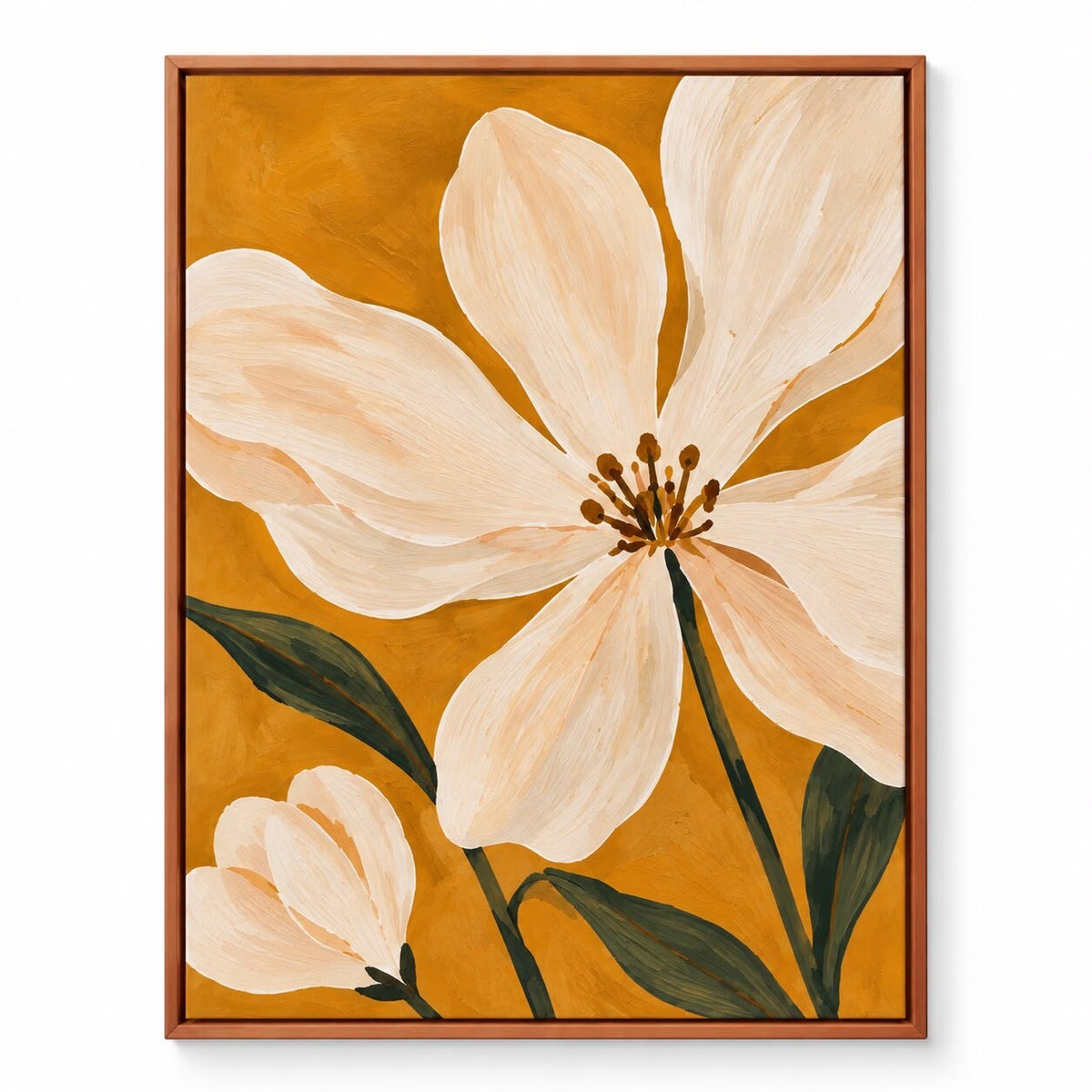 Quadro Floral Magnólia em Ocre com Moldura Filete