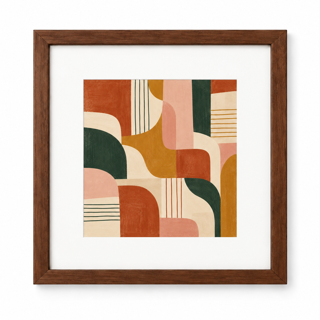 Quadro Abstrato Orgânico Terracota e Verde com Moldura de Madeira 30x30 cm