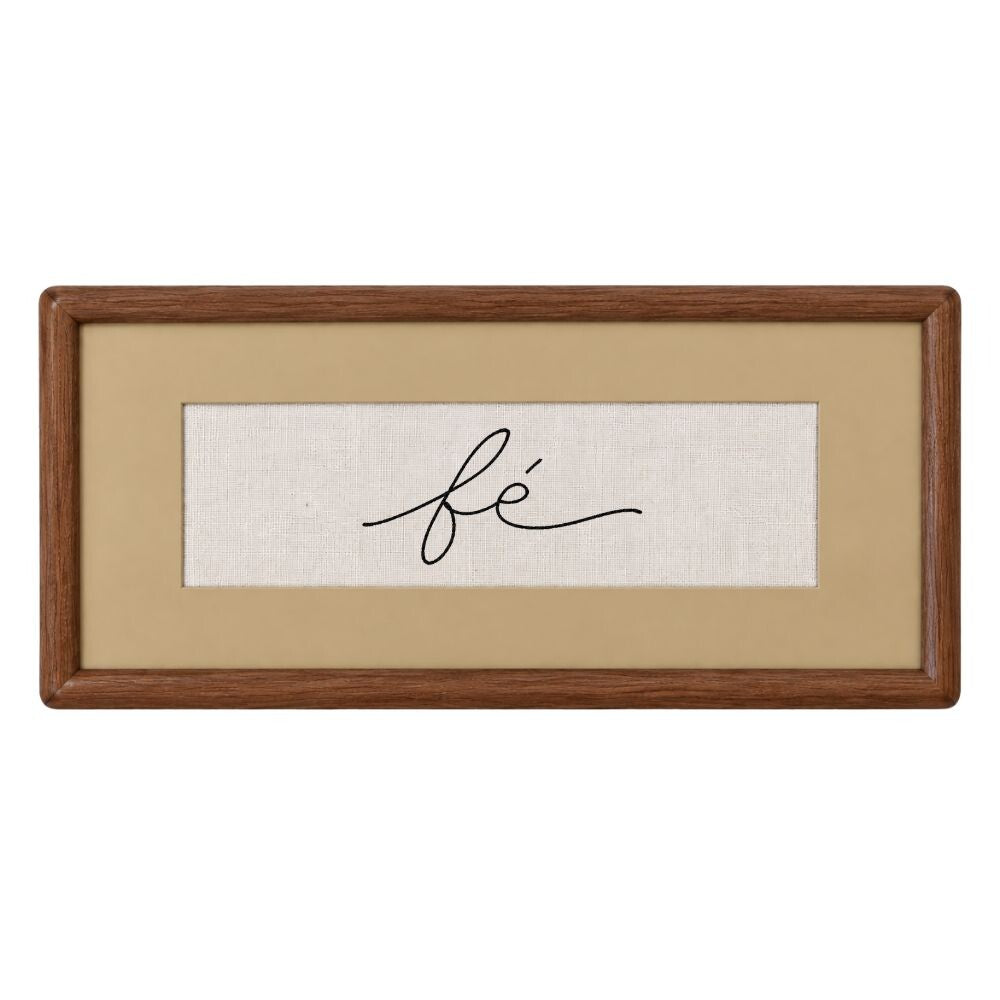 Quadro Decorativo Bordado à Mão Fé 21x41 cm com Paspatur Ocre e Moldura de Madeira