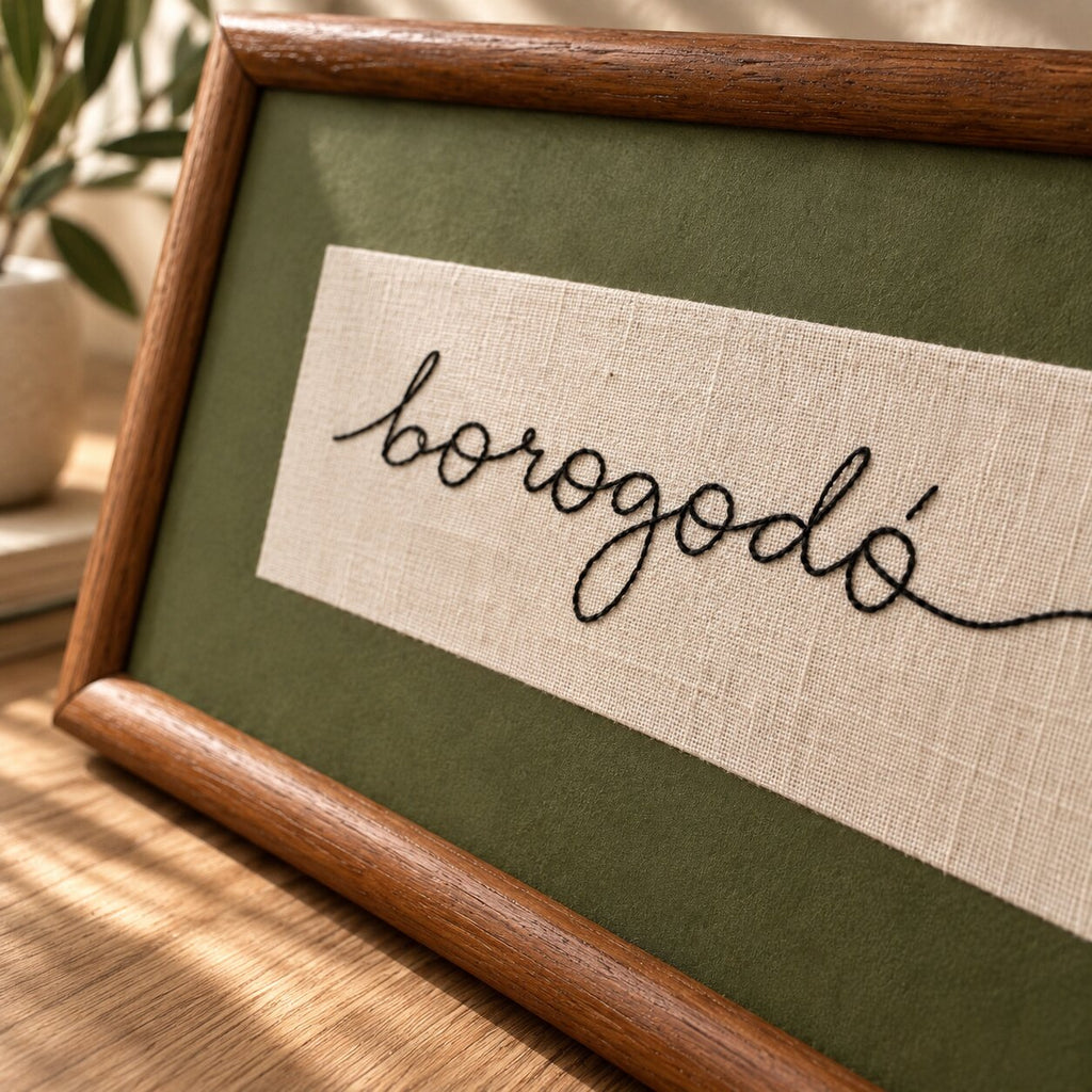 Quadro Decorativo Bordado à Mão Borogodó 21x41 cm com Paspatur Verde-Oliva e Moldura de Madeira