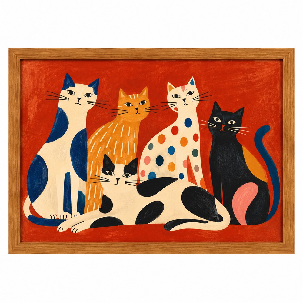 Quadro Decorativo Horizontal Gatos Coloridos com Moldura de Madeira
