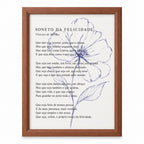 Quadro Soneto da Felicidade com Flor Azul e Moldura de Madeira Chanfrada
