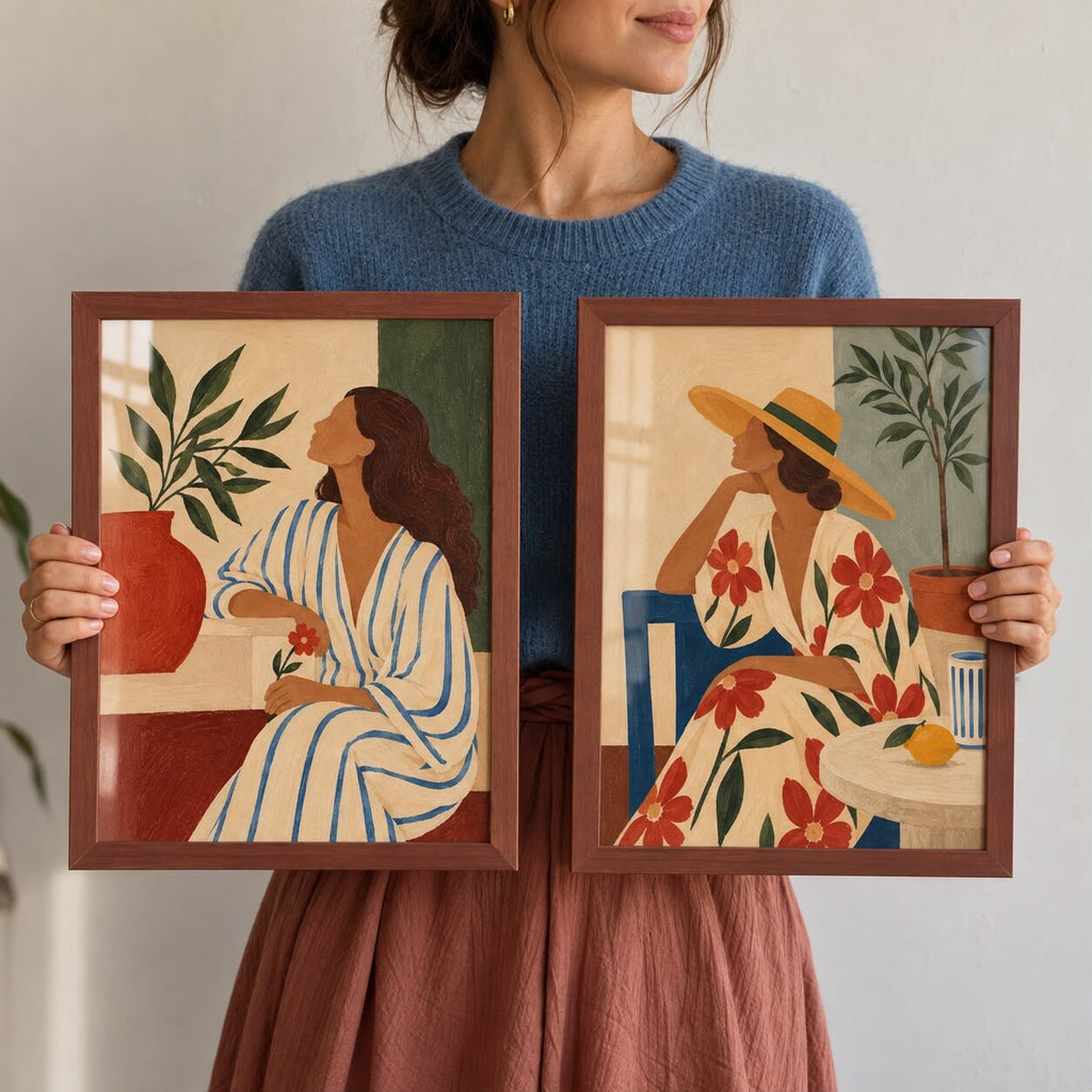 Quadro Mulher com Vestido Listrado Azul e Vaso Terracota com Moldura de Madeira