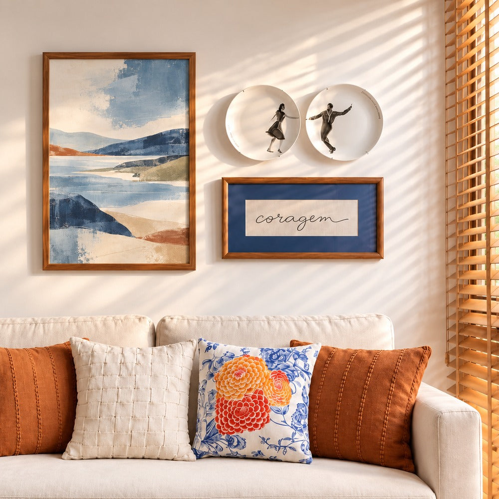 Quadro Decorativo Paisagem Abstrata Azul com Moldura de Madeira
