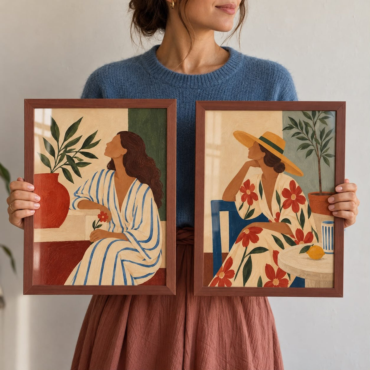 Quadro Mulher com Chapéu e Vestido Floral com Moldura de Madeira