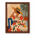 Quadro Mulher com Chapéu e Vestido Floral com Moldura de Madeira