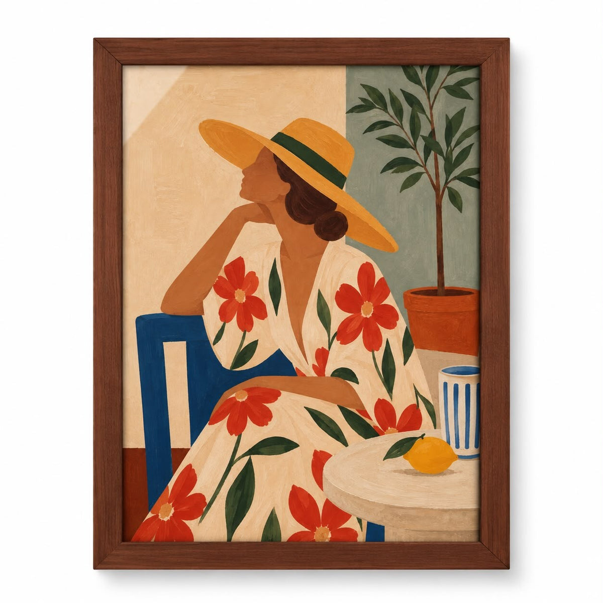 Quadro Mulher com Chapéu e Vestido Floral com Moldura de Madeira