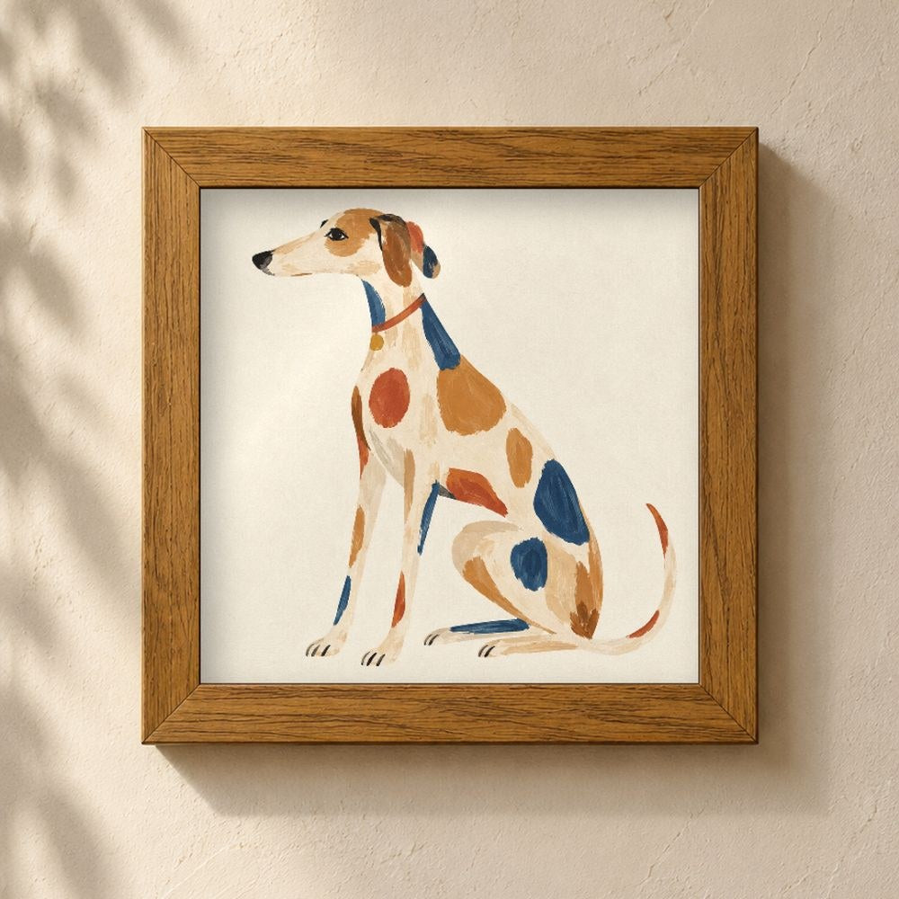 Quadro Decorativo Galgo Colorido com Fundo Claro e Moldura de Madeira