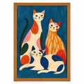 Quadro Gatos Coloridos com Fundo Azul e Moldura de Madeira