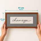 Quadro Decorativo Bordado à Mão Chamego 21x41 cm com Paspatur Cinza e Moldura de Madeira