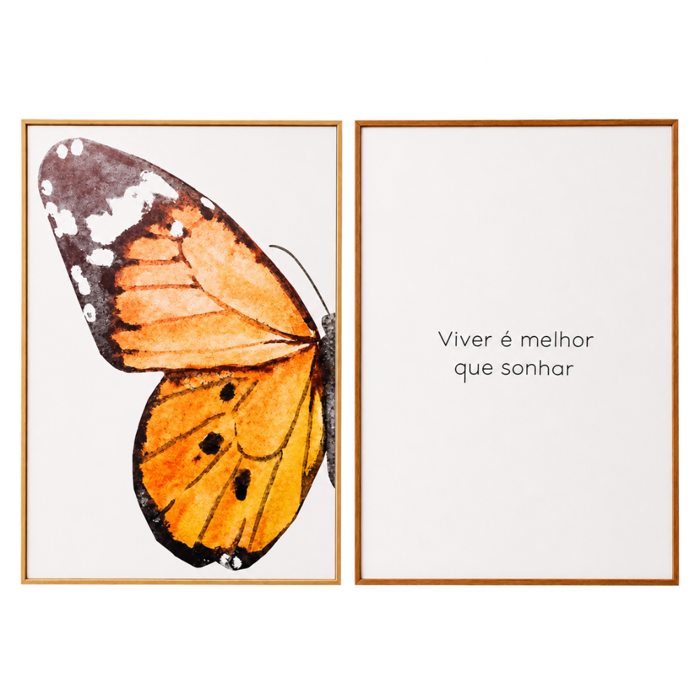 Kit Decorativo de Parede com Quadro Borboleta e Quadro Bordado Viver