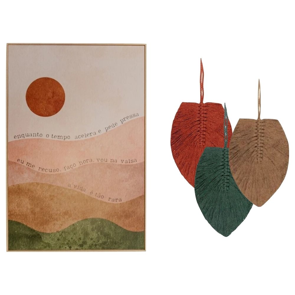 Kit Decorativo Quadro A Vida É Tão Rara e Folhas de Macramê