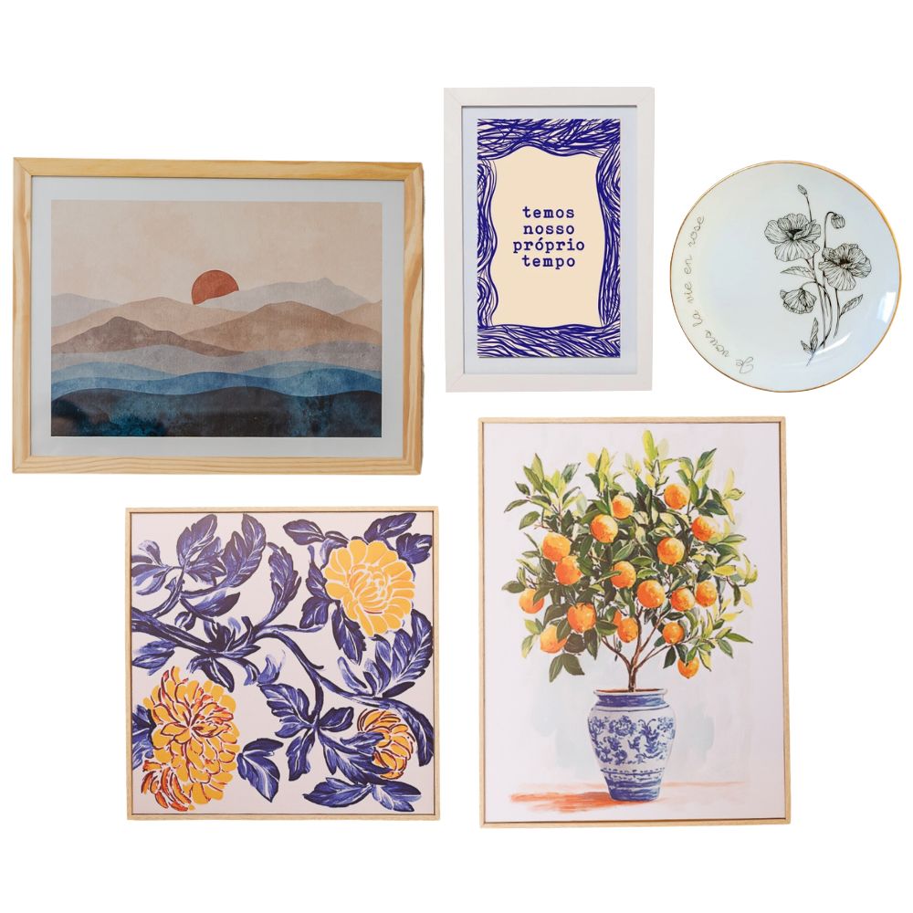 Kit Decorativo Sunset, Nosso Tempo, Floral Azul, Laranjeira e Prato Rose