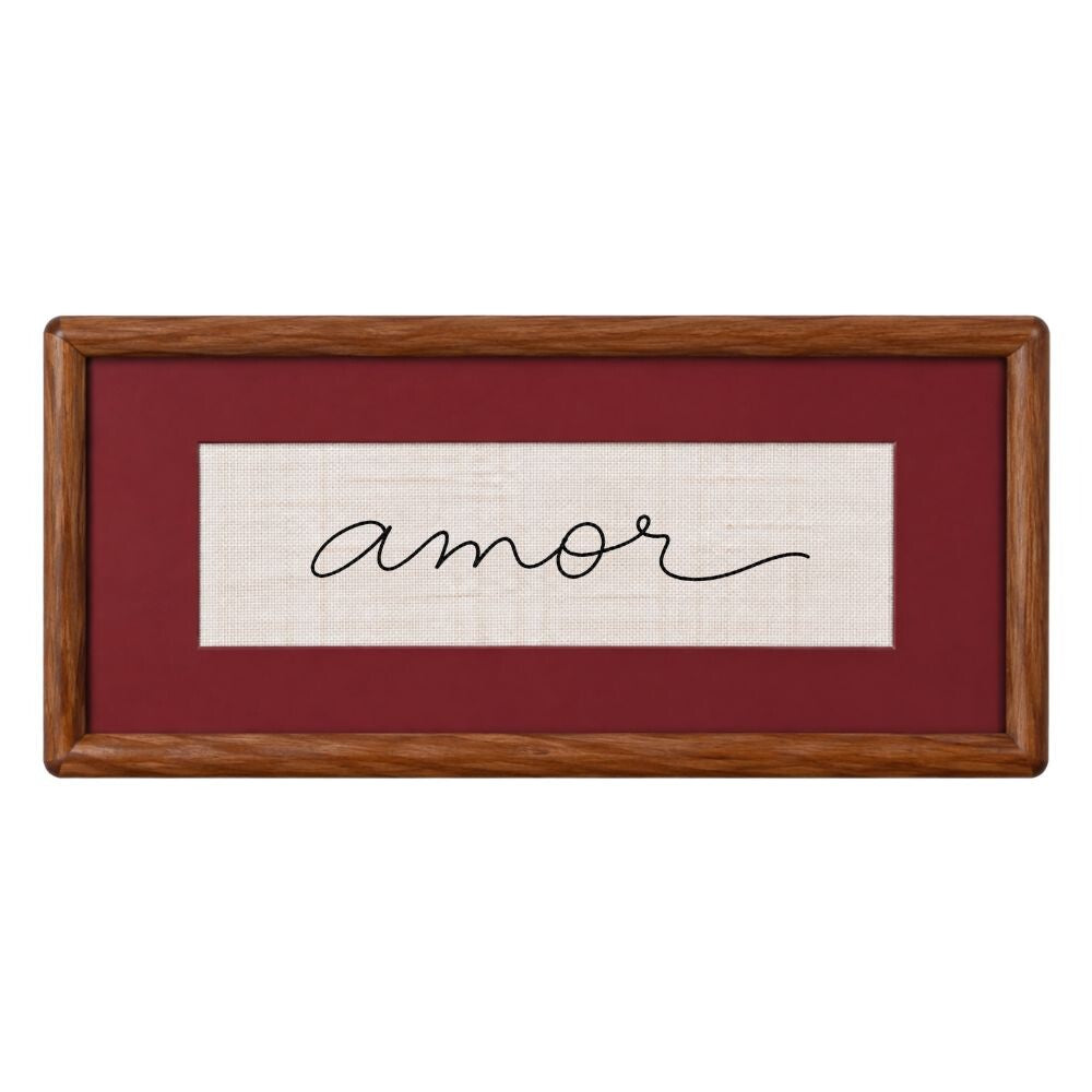 Quadro Decorativo Bordado à Mão Amor 21x41 cm com Paspatur Vinho e Moldura de Madeira