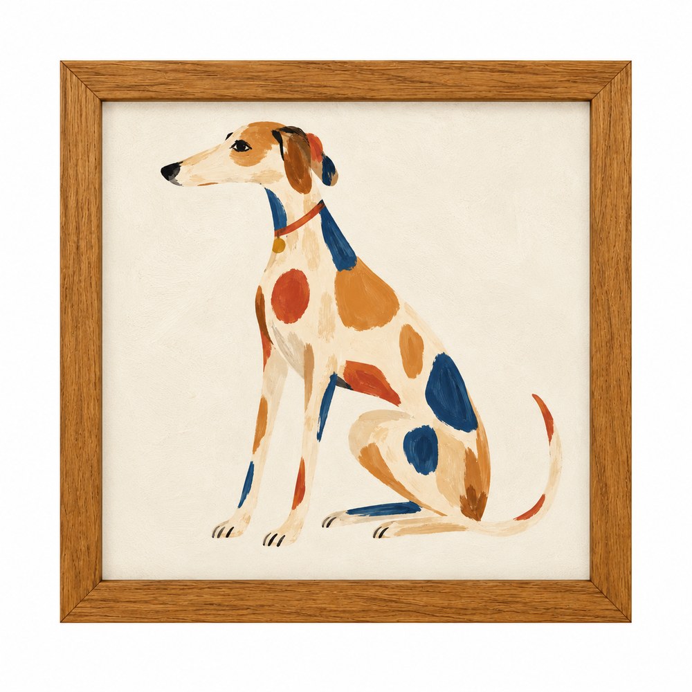 Quadro Decorativo Galgo Colorido com Fundo Claro e Moldura de Madeira