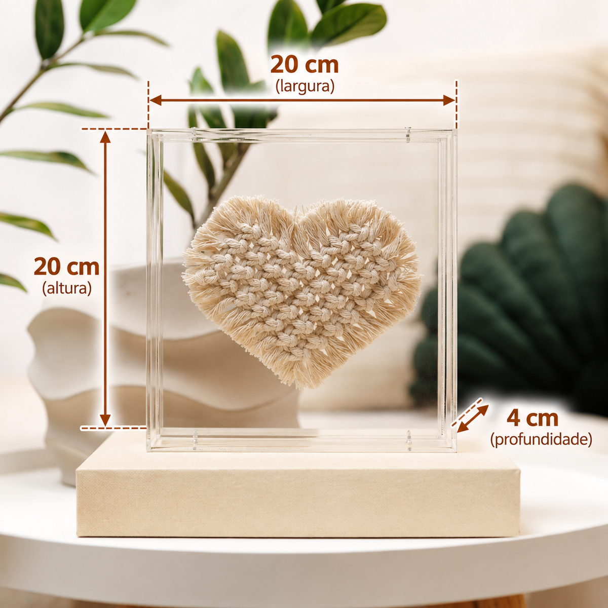 Acrílico Decorativo Coração Macramê Creme