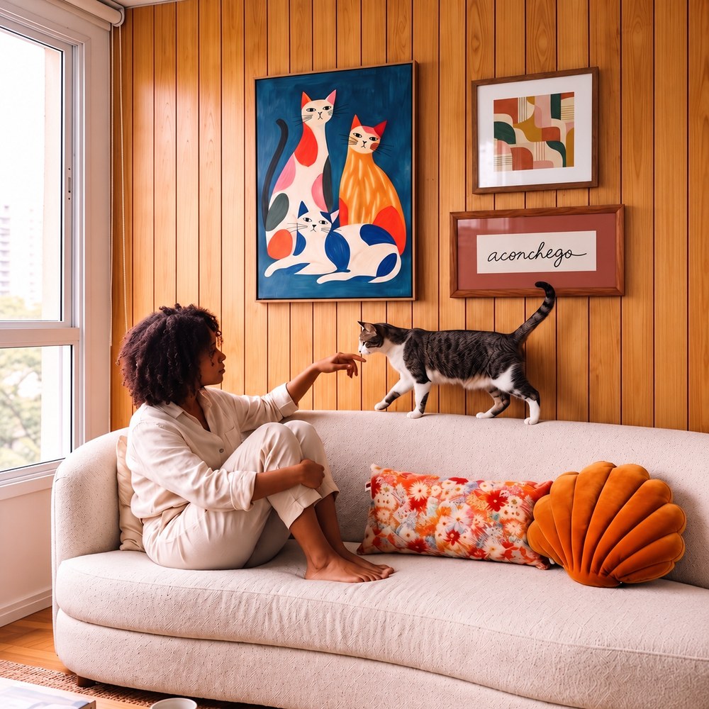 Quadro Gatos Coloridos com Fundo Azul e Moldura de Madeira
