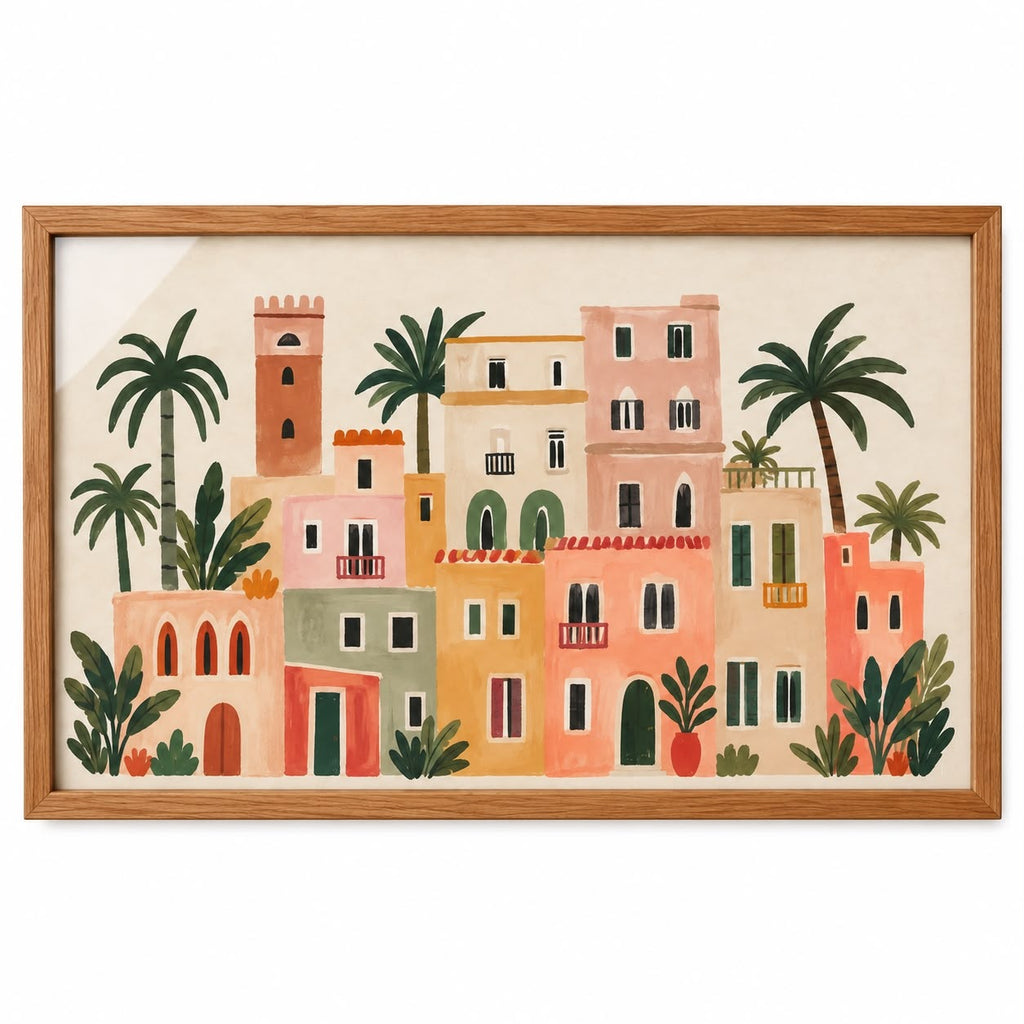Quadro Vilarejo Mediterrâneo Colorido com Moldura de Madeira
