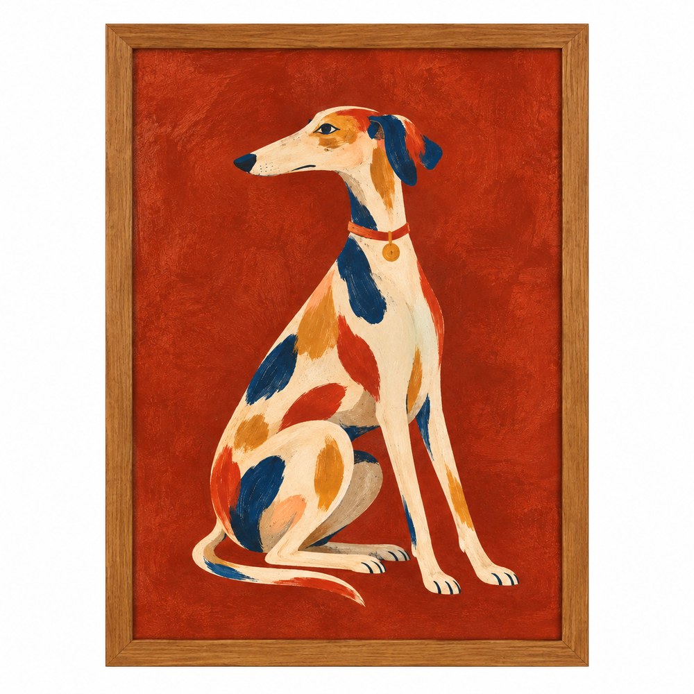 Quadro Galgo Pintado com Fundo Terracota Moldura de Madeira
