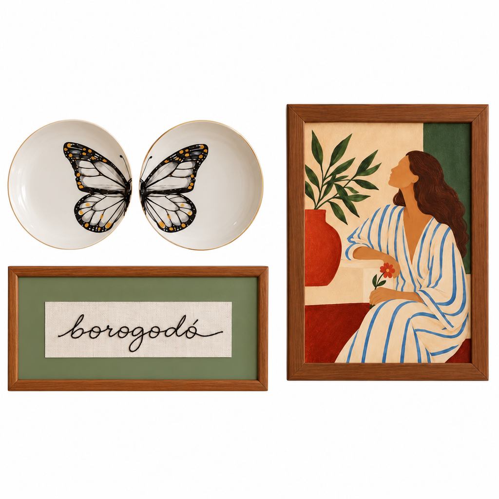 Kit Decorativo Borboletas, Quadro Mulher e Bordado Borogodó