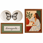 Kit Decorativo Borboletas, Quadro Mulher e Bordado Borogodó