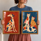 Quadro Gatos Coloridos com Fundo Azul e Moldura de Madeira