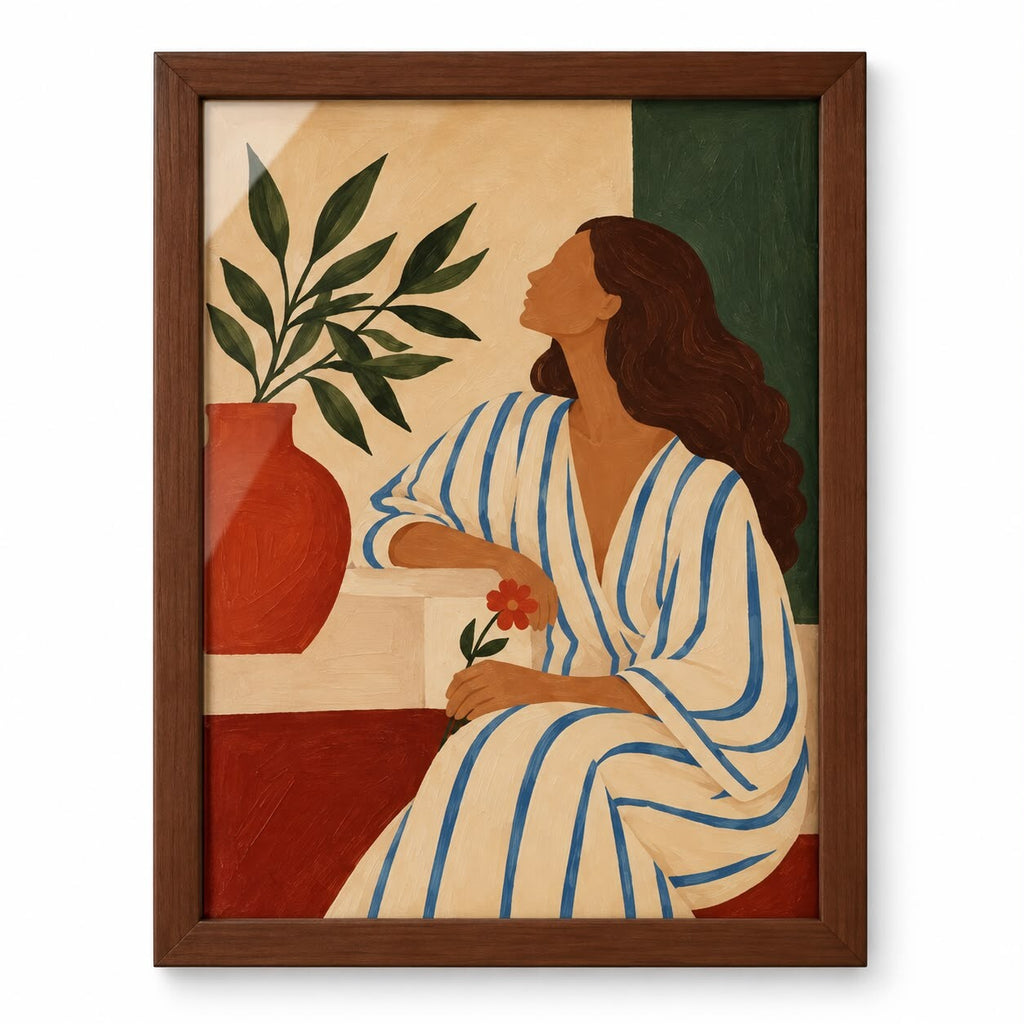 Quadro Mulher com Vestido Listrado Azul e Vaso Terracota com Moldura de Madeira
