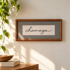 Quadro Decorativo Bordado à Mão Chamego 21x41 cm com Paspatur Cinza e Moldura de Madeira