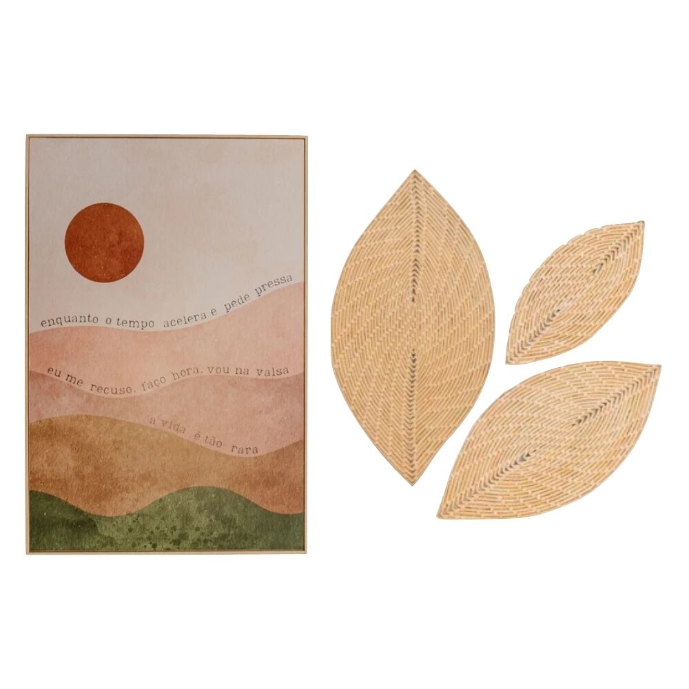 Kit Decorativo Quadro A Vida É Tão Rara e Folhas de Palha de Carnaúba